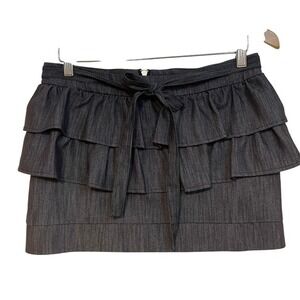 Juniors L VTG 90s Ruffle Mini Skirt Gray Denim Tie Belt Flirty Cute Body Central